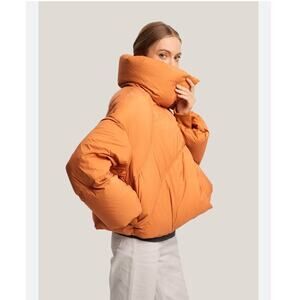 Gentle Herd Spice Orange Down Filled Short Quilted Retro Puffer Jacket Coat NWT